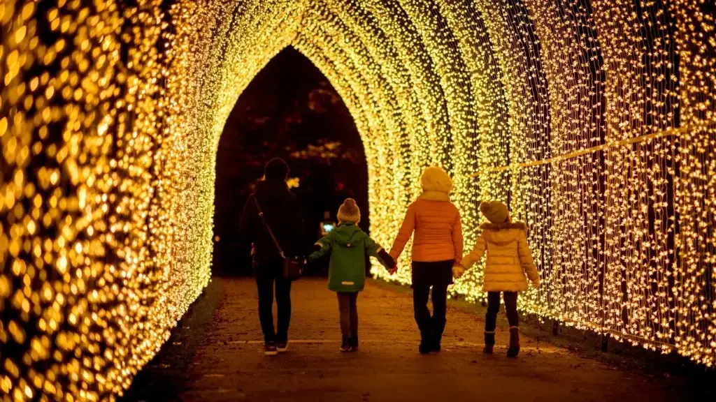An image of a family walking through a tunnel of golden christmas lights
