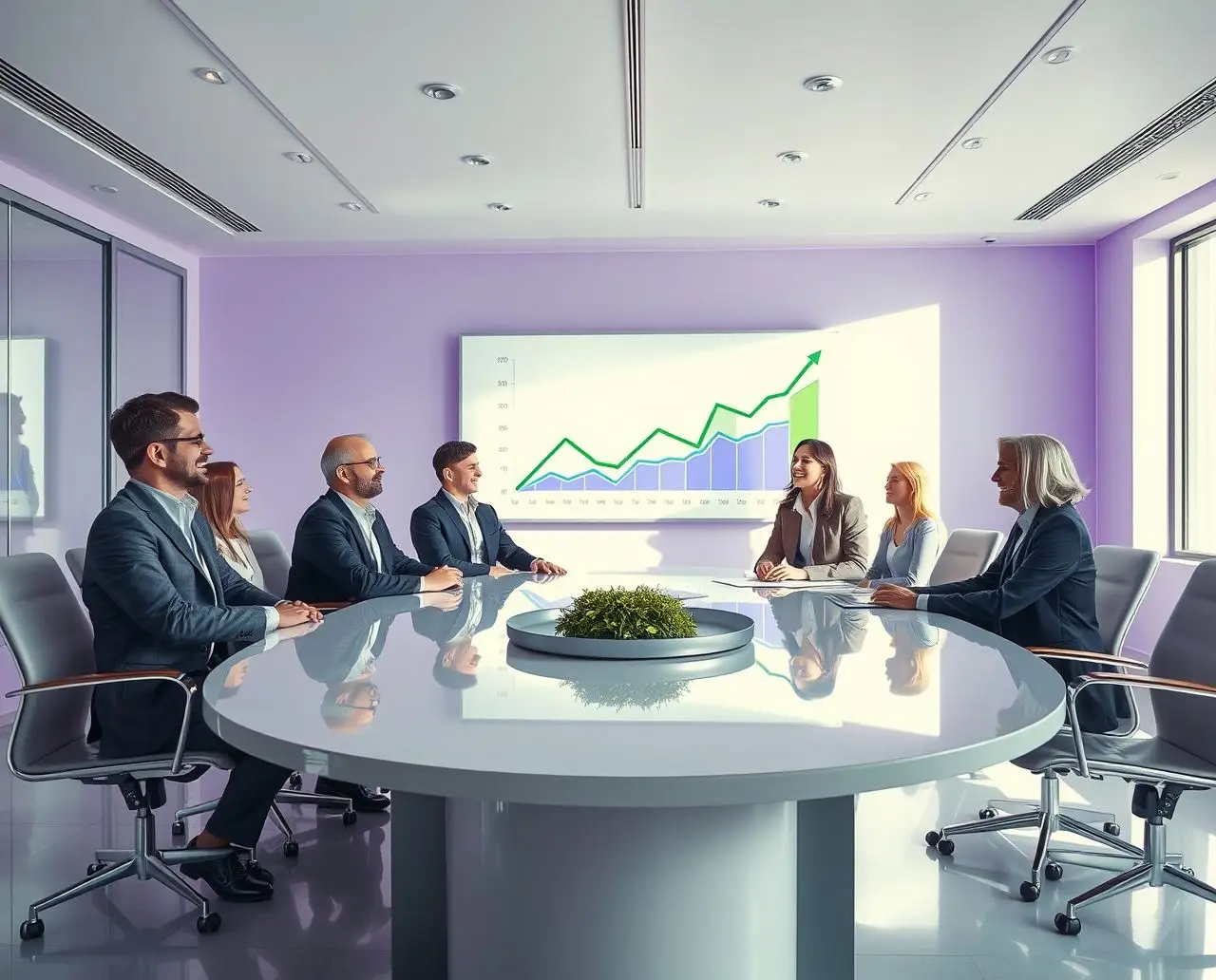 Business meeting with presentation in a conference room.